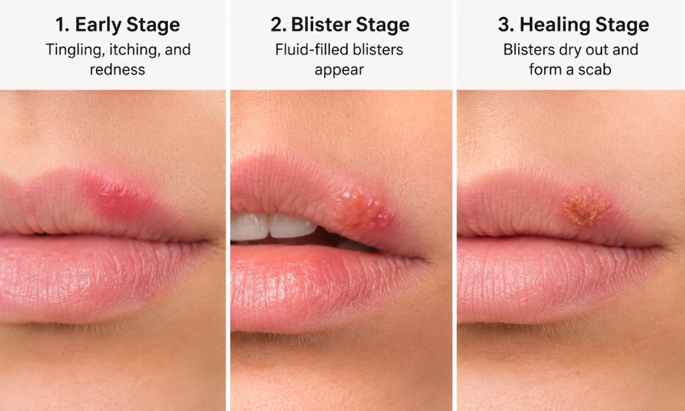 Different stages of herpes cold sore healing on lips from blister to scab